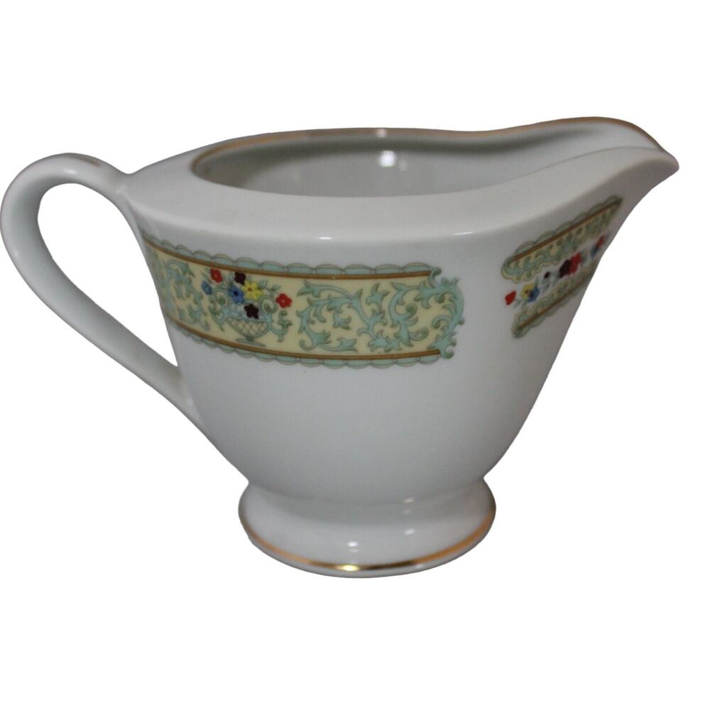 Fine China of Japan Plaza Creamer Floral Vases, Green Scrolls, Cream Border
